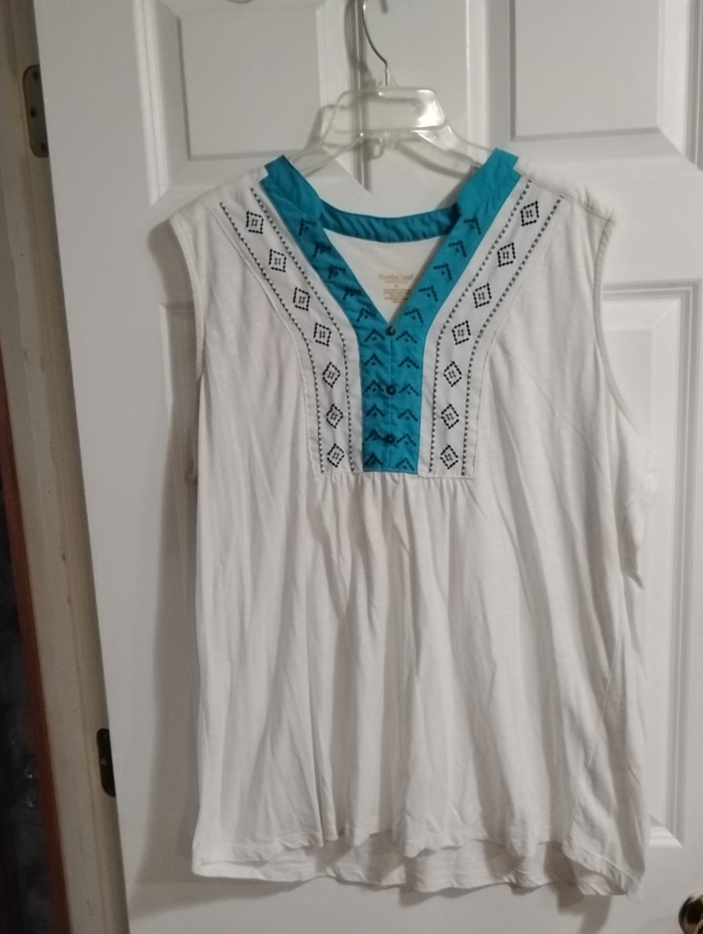 Northcrest White Tank with Teal V-Neck Accent